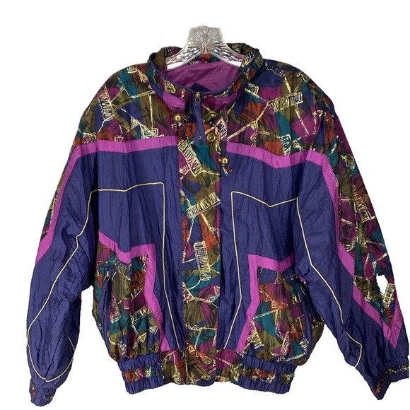 💜 Vintage Womens 80s/90s Windbreaker Jacket Medium Neon Geometric Retro 💜 - Picture 1 of 12